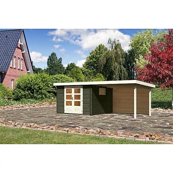Karibu Gartenhaus Jeebel 3 Terragrau 580,5 x 297 cm mit Anbaudach mit Rückw günstig online kaufen