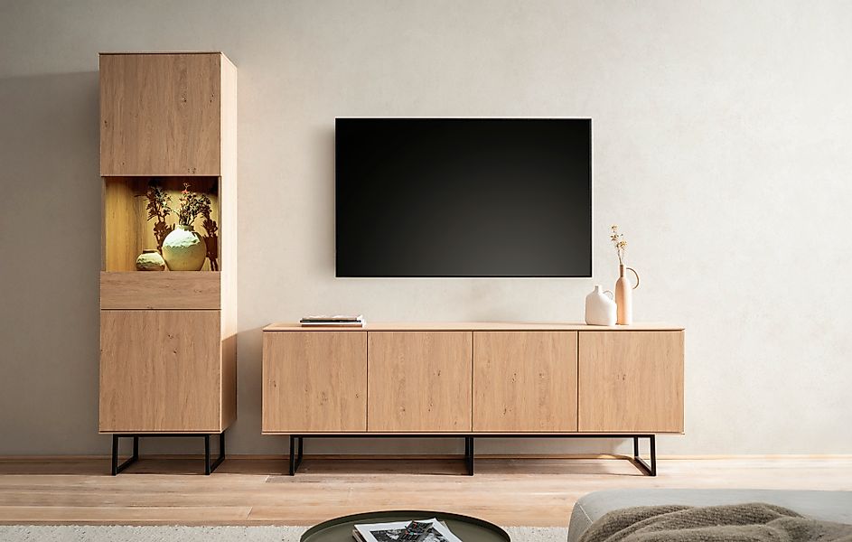 Home affaire Wohnwand »Lund, moderne Anbauwand, Wohnzimmer-Set in Stone Oak günstig online kaufen