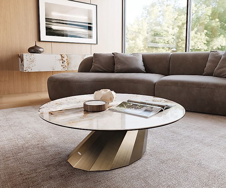 Couchtisch Edge Rund 100x100 cm Keramik Minas Melange Parabi Metallic Gold günstig online kaufen