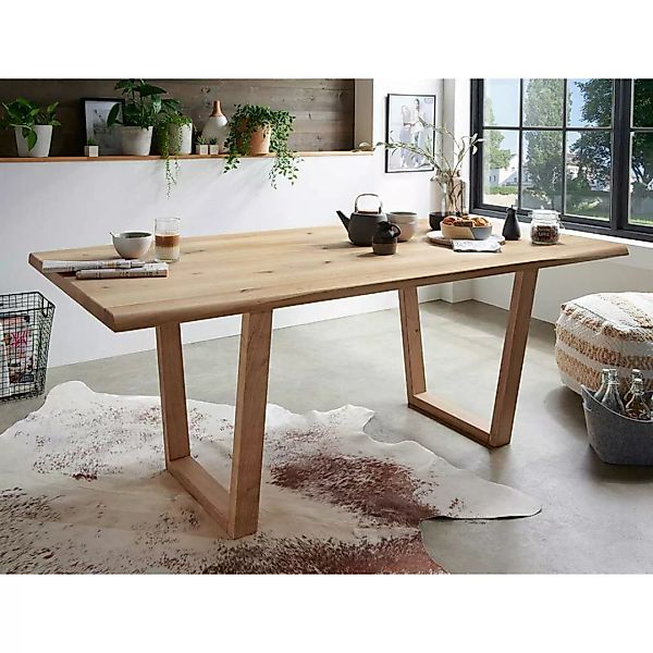 Massiver Esszimmer Tisch mit Bügelgestell Wildeiche günstig online kaufen