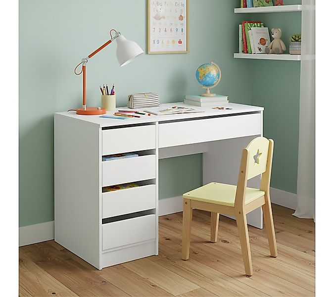 Bellabino Kinderschreibtisch Nore weiß, Jugendschreibtisch 110x53 cm mit 5 günstig online kaufen