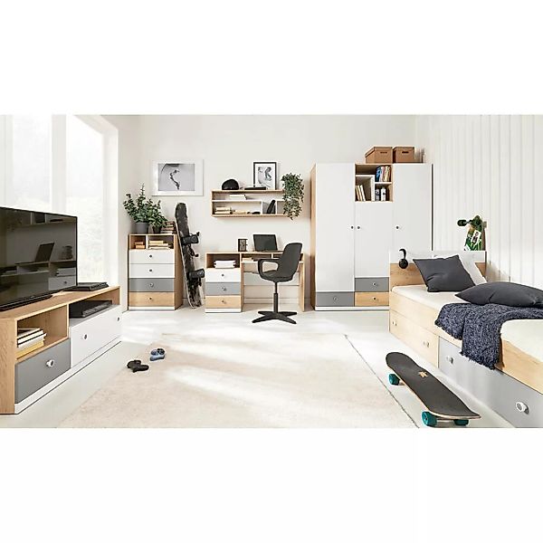 Jugendzimmer Set in Eiche mit weiß und grau PINETO-133, 6-teilig, inkl. Sch günstig online kaufen