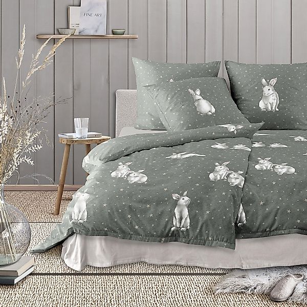 Irisette Biber Bettwäsche Koala 8654-30 Schneehase Olivgrün 135x200 günstig online kaufen