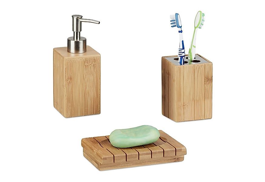 relaxdays Badezimmer-Set Badaccessoires Bambus 3er Set günstig online kaufen