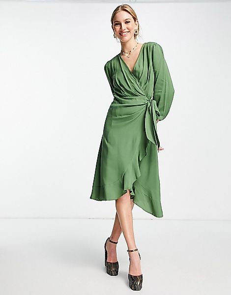 Trendyol – Langärmliges Wickelkleid in Grün günstig online kaufen