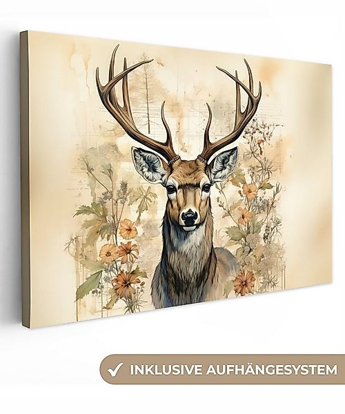 OneMillionCanvasses® Leinwandbild Vintage - Hirsch - Rotwild - Blumen - Bei günstig online kaufen