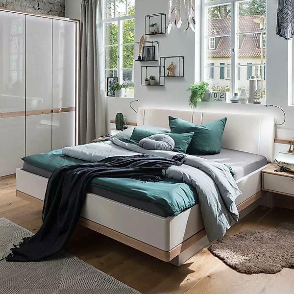 Design Doppelbett in Beige und Eiche Bianco LED Beleuchtung günstig online kaufen