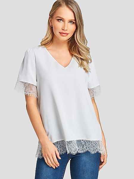 YOINS T-Shirt mit kurzen Ärmeln und weißem Spitzenbesatz und V-Ausschnitt günstig online kaufen