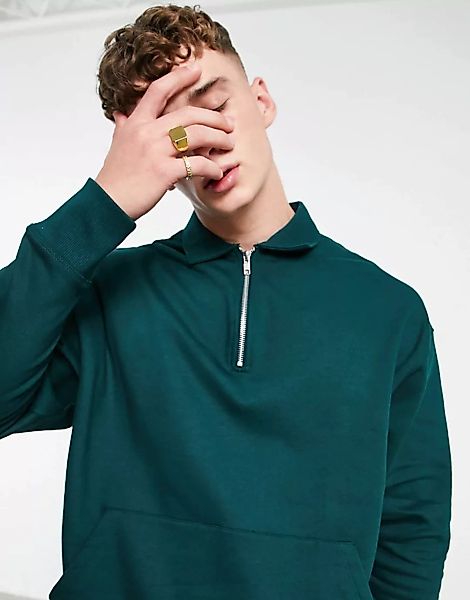 ASOS DESIGN – Sweatshirt aus Bio-Material in Grün mit Reißverschluss am Kra günstig online kaufen