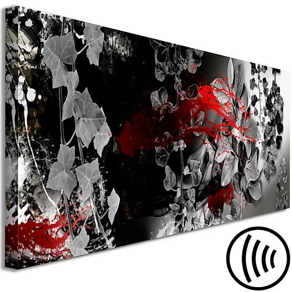 Wandbild Graue Blätter auf schwarzer Wand - Abstraktion mit rotem Akzent XX günstig online kaufen