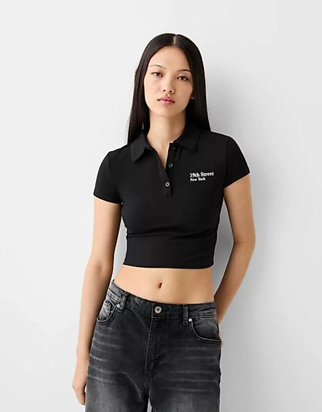 Bershka T-Shirt Mit Kurzen Ärmeln, Polo-Kragen Und Print Damen L Schwarz günstig online kaufen