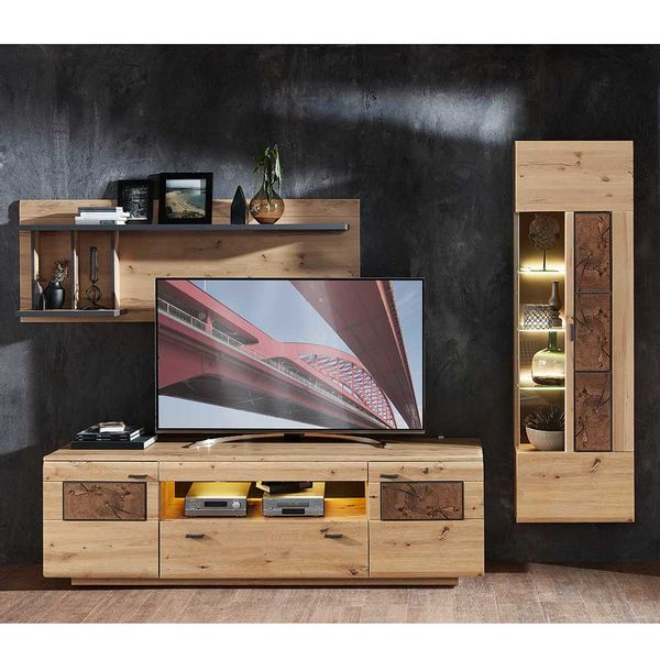 Wohnwand in Wildeiche Hirnholz Optik Dunkelgrau (dreiteilig) günstig online kaufen