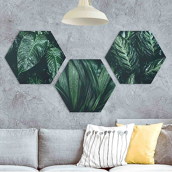 3-teiliges Hexagon-Alu-Dibond Bild Blätter im Regen günstig online kaufen