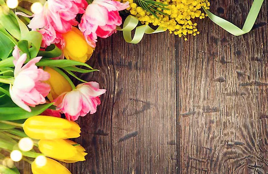 Papermoon Fototapete »HOLZ-WAND-BLUMEN DEKOR TULPEN MIMOSEN ABSTRAKT FANTAS günstig online kaufen