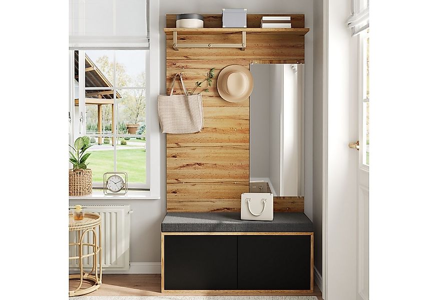 Merax Garderoben-Set mit Spiegel & Sitzkissen, Kompaktgarderobe in Schwarz- günstig online kaufen