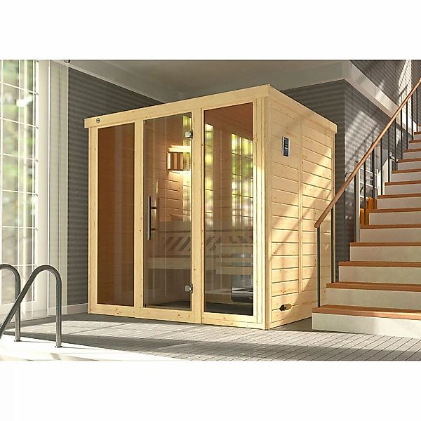 Weka Massivholzelementsauna Kemi Panorama 2 Sparset 7,5 kW OS Glastür/Fenst günstig online kaufen