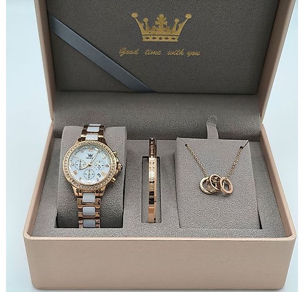Tidy Quarzuhr Geschenkset Damenuhr Keramik Roségold Weiß Luxus Chronograph günstig online kaufen