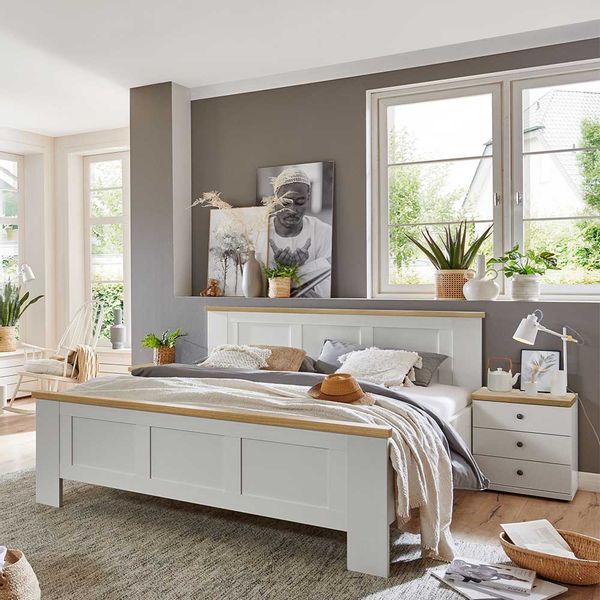 Landhaus Bett 160 cm in Weiß und Eiche Bianco Made in Germany günstig online kaufen