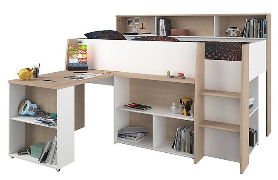 Parisot Hochbett Lukas (Stauraumbett in weiß und Eiche, 90 x 200) mit Schre günstig online kaufen