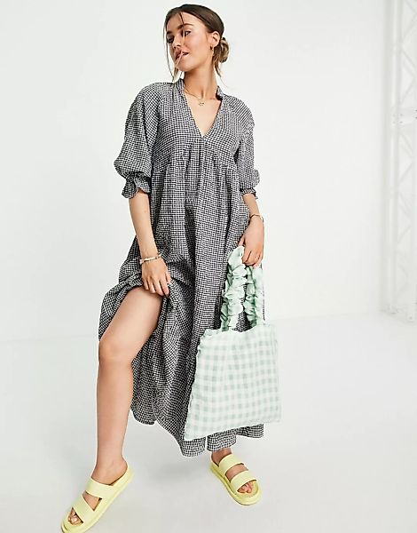 ASOS DESIGN – Midi-Hängerkleid mit V-Ausschnitt und Vichy-Karo-Mehrfarbig günstig online kaufen