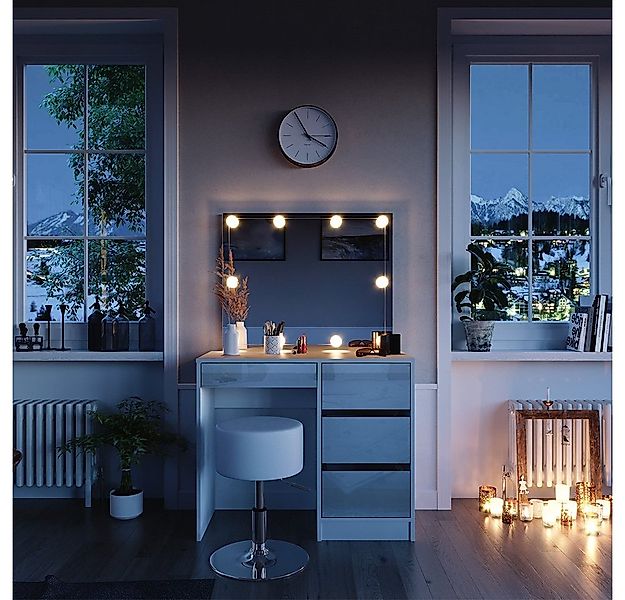Vicco Schminktisch Sherry, Weiß Hochglanz, 90 cm mit LED Beleuchtung und Ho günstig online kaufen