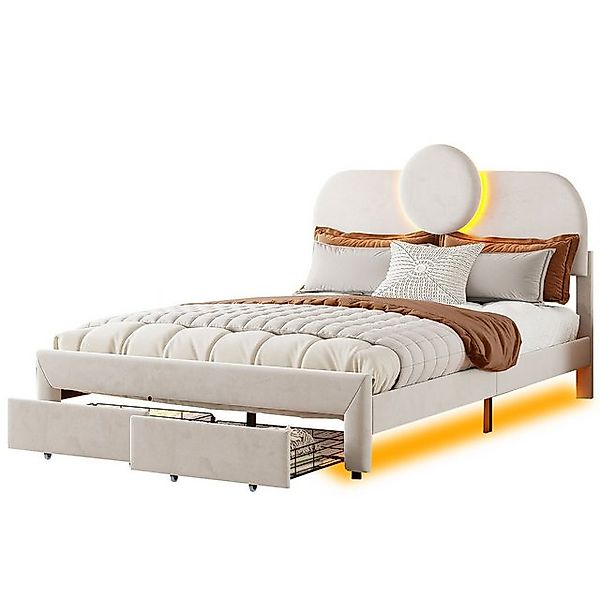 FUROKOY Polsterbett Doppelbett LED Licht Stauraumbett 140x200cm, mit 2 Schu günstig online kaufen