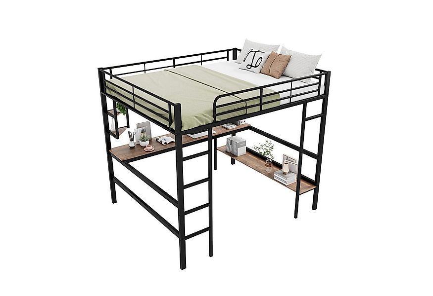 Flieks Hochbett Kinderbett Metallbett Etagenbett mit Schreibtisch & Regalen günstig online kaufen