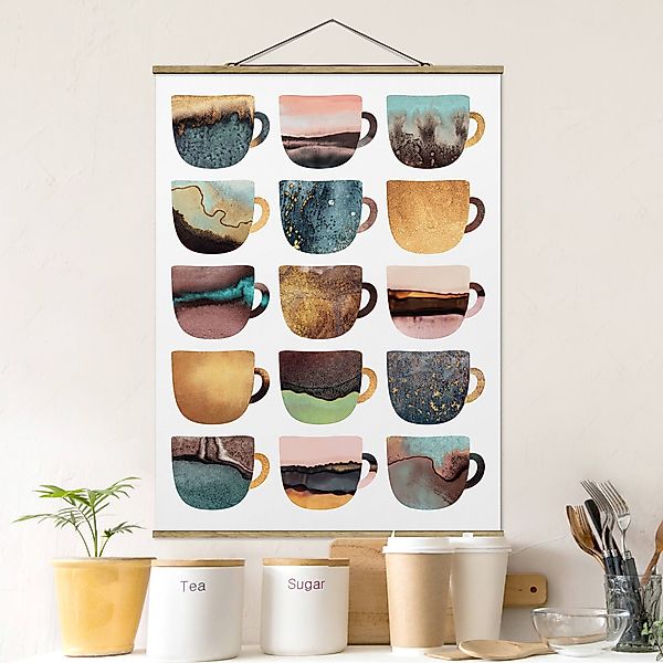 Stoffbild - Hochformat Bunte Kaffeetassen mit Gold günstig online kaufen