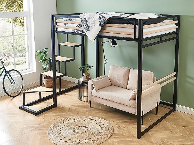 Hochbett mit Matratze - 140 x 200 cm - Metall & MDF - Naturfarben & Schwarz günstig online kaufen