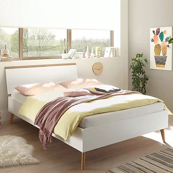Doppel Bett in Weiß und Eichefarben 140x200 cm günstig online kaufen