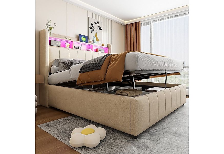 Celya Polsterbett Doppelbett mit LED-Beleuchtung und USB-Steckdose (Ohne Ma günstig online kaufen