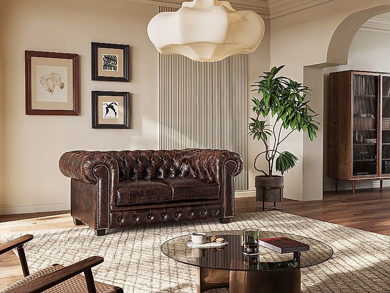 Chesterfield Ledersofa 2-Sitzer - Büffelleder - Braun - BRENTON günstig online kaufen