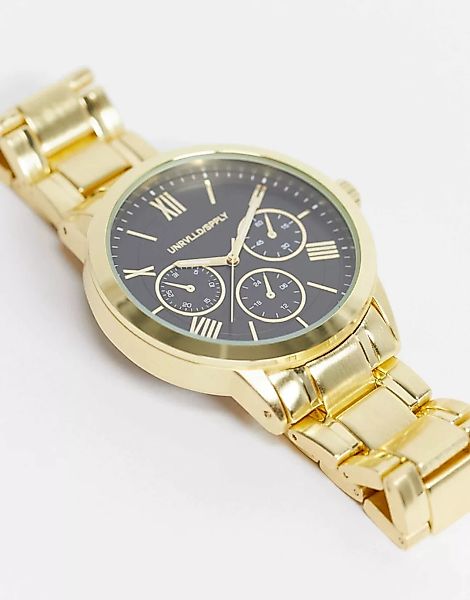 ASOS DESIGN – Armbanduhr in Goldton mit Zifferblatt in Schwarz-Goldfarben günstig online kaufen