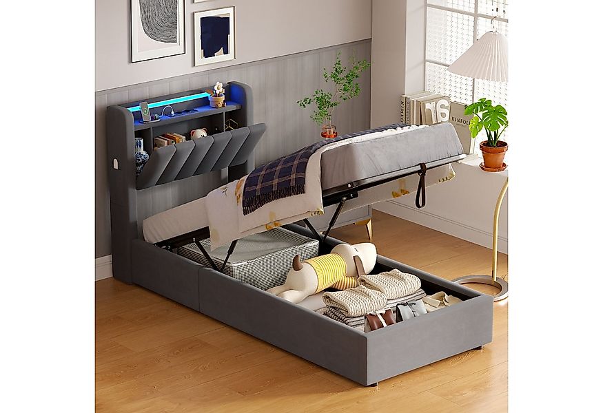 OKWISH Polsterbett mit Hydraulik, LED-Beleuchtung, Steckdosen und USB-Ladea günstig online kaufen