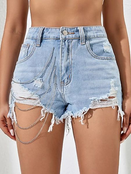 KIKI Shorts Personalisierte Denim-Shorts mit offener Kante und Kette günstig online kaufen