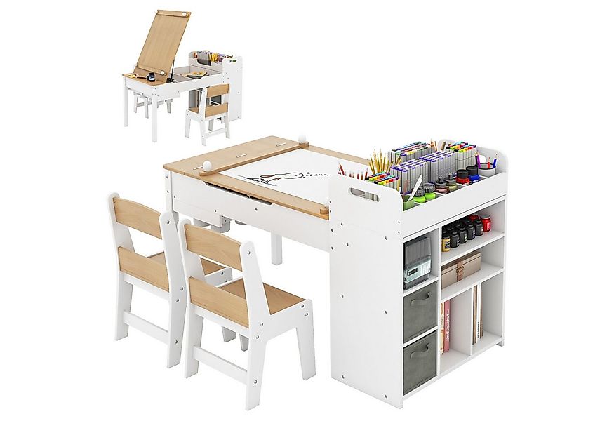 COSTWAY Kinderschreibtisch (3-St), Kindersitzgruppe mit klappbarer Tischpla günstig online kaufen