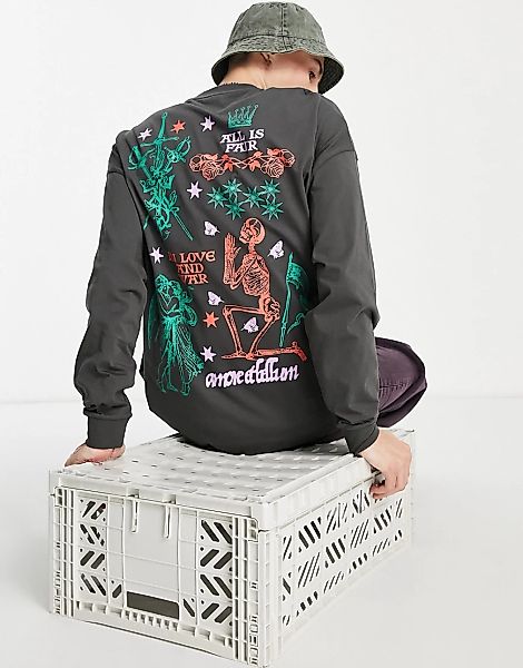 ASOS DESIGN – Langärmliges Oversize-Shirt in Dunkelgrau mit Skelett-Print h günstig online kaufen