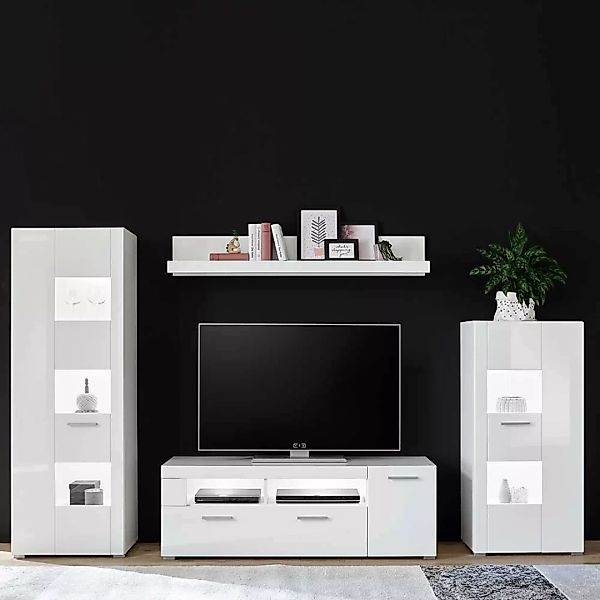 Wohnzimmer Schrankwand in Hochglanz Weiß modern (vierteilig) günstig online kaufen