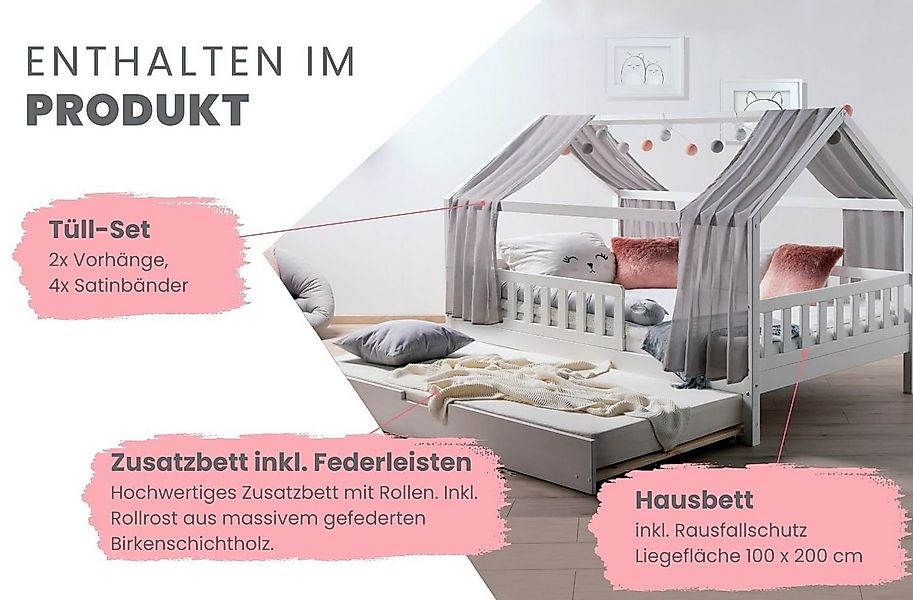 Ticaa Hausbett Kim mit Rausfallschutz und Zusatzbett aus Kiefer, Kinderbett günstig online kaufen