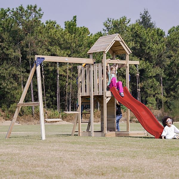 Axi Spielturm Moos mit Doppelschaukel Braun und Rutsche Grau FSC® günstig online kaufen