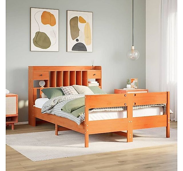 vidaXL Bett, Massivholzbett mit Regal ohne Matratze Wachsbraun 135x190 cm günstig online kaufen