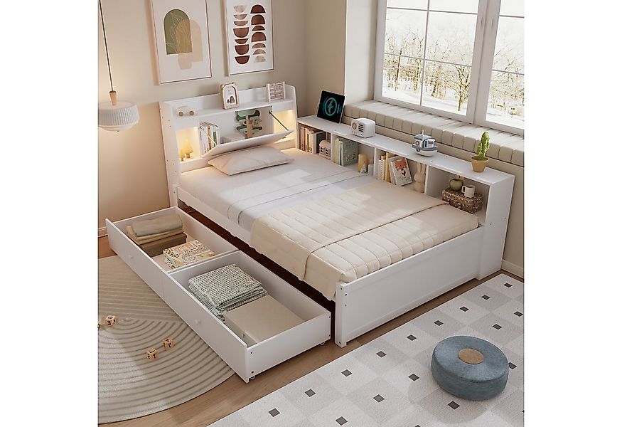 Flieks Holzbett, Einzelbett Kinderbett 90x200cm mit LED Stauraum Aufladen 2 günstig online kaufen