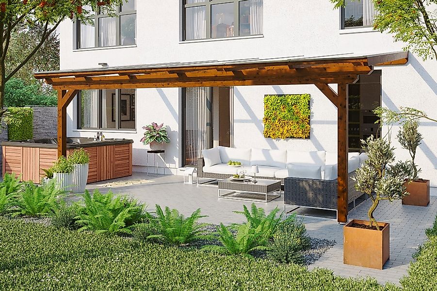 Skan Holz Terrassenüberdachung Ancona 648 x 250 cm Leimholz Nussbaum günstig online kaufen