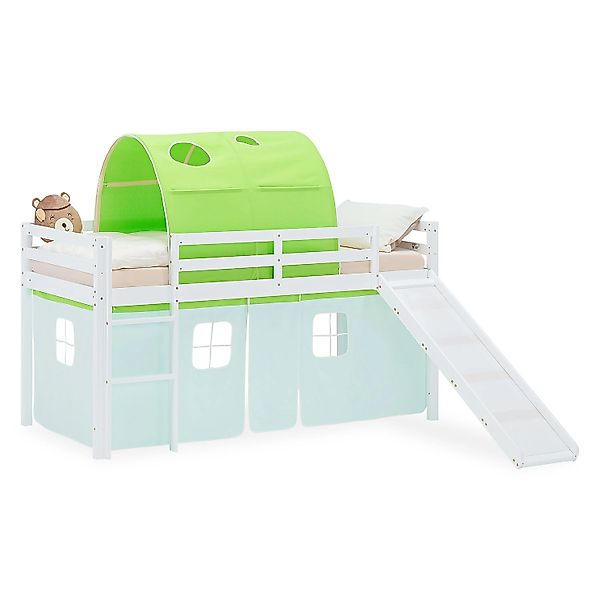 Homestyle4u Kinder Hochbett 90x200 Rutsche Vorhang Tunnel Grün Kinderbett 2 günstig online kaufen