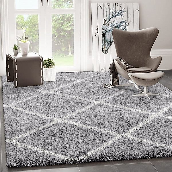 Vimoda Hochflor-Läufer Shaggy Wohnzimmer Rautenmuster Weiss, günstig online kaufen