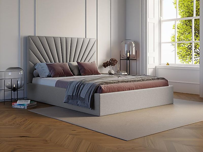 Polsterbett mit Bettkasten - 140 x 190 cm - Stoff - Hellgrau + Matratze - R günstig online kaufen