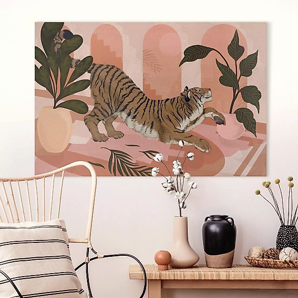 Leinwandbild - Querformat Illustration Tiger in Pastell Rosa Malerei günstig online kaufen