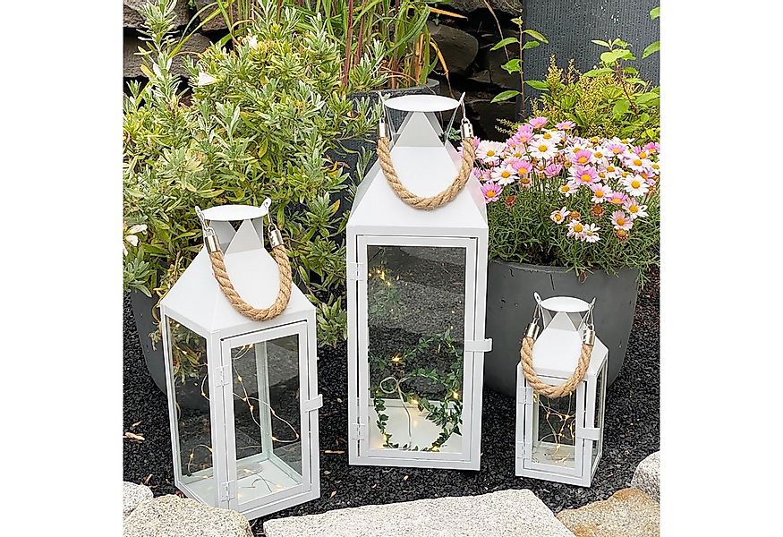 Mojawo Laterne 3er Laternen Stalllaterne Windlicht Weiß H25/40/51cm + Licht günstig online kaufen