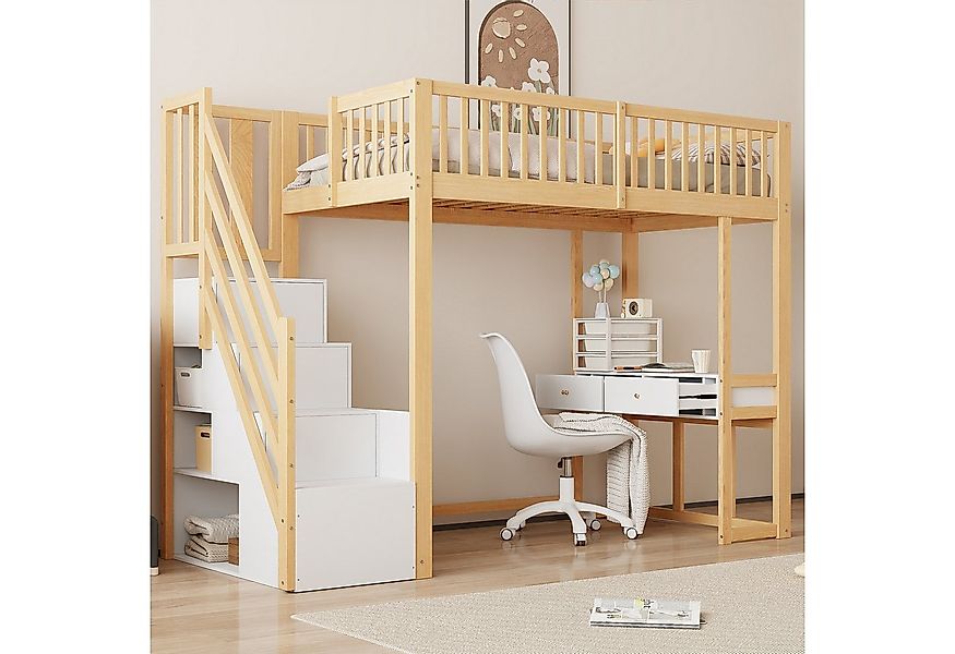 Flieks Hochbett Massivholz Kinderbett 90x200cm mit Tisch und Stauraumtreppe günstig online kaufen