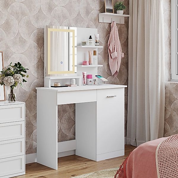Vicco Schminktisch Julia Weiß 90 cm mit LED-Spiegel und QI-Ladestation günstig online kaufen